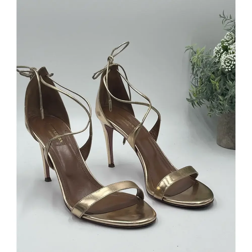 Aquazzura Gold Mirrored Patent Leather Strappy Heel Open Toe Sandals Sz 39/8 - Picture 1 of 12